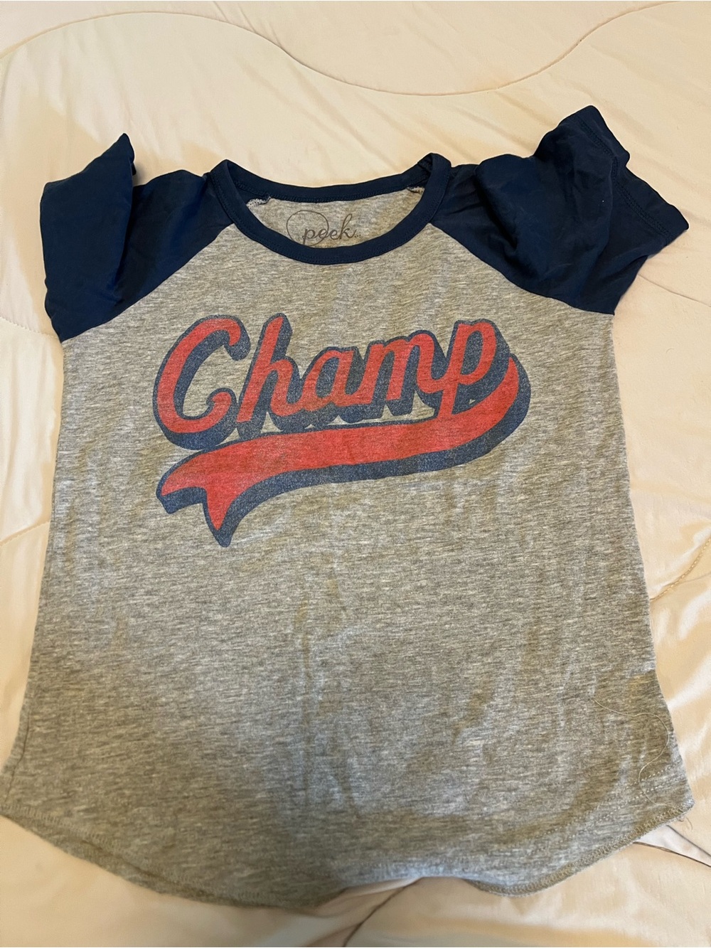 Peek Gray Tee with Navy Sleeves and Red Graphic